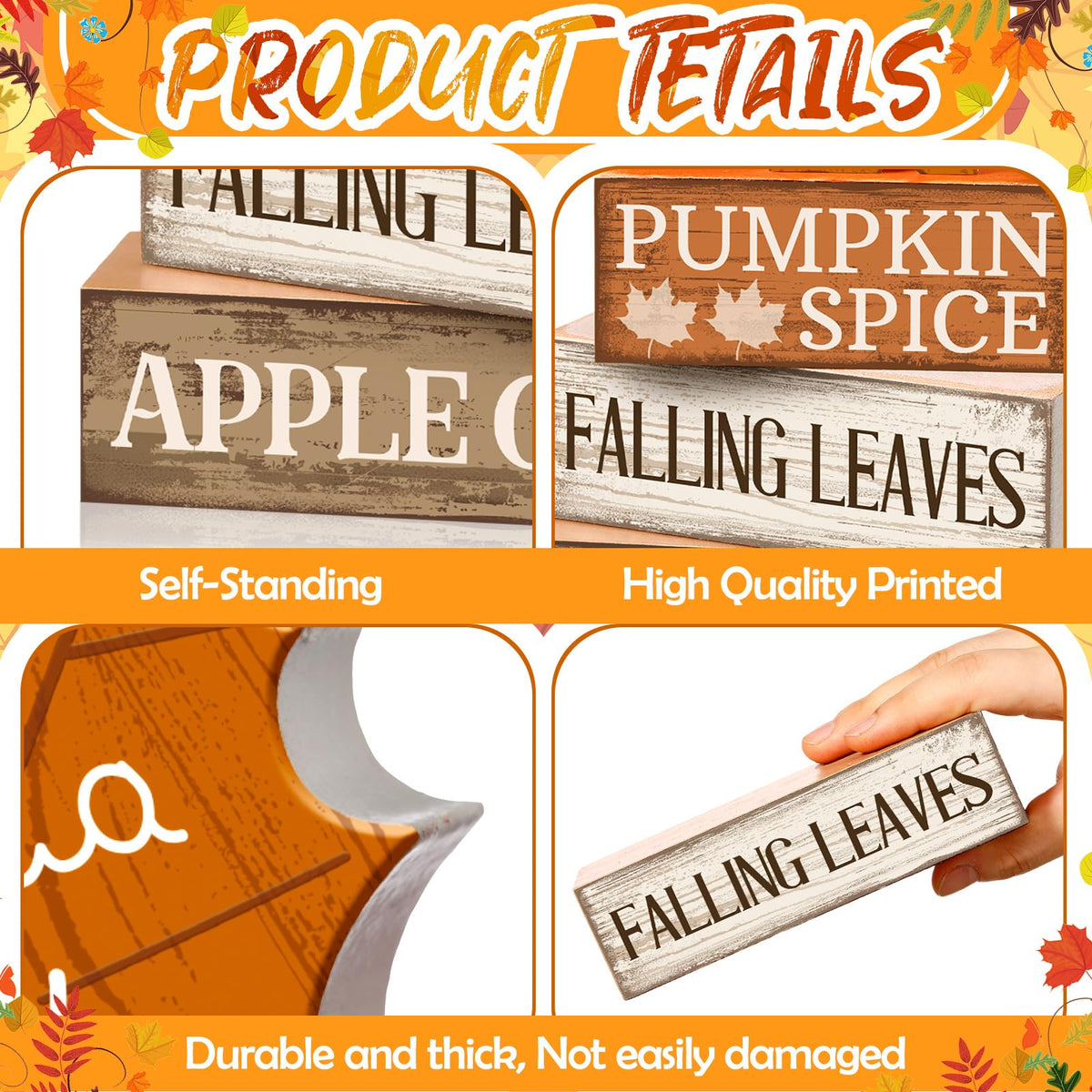 Moucuny 4 Pcs Fall Decor Wooden Maple Leaf Decoration Thanksgiving Decor | Rustic Stackable Blocks with Apple Cider Leaves Sayings,Thanksgiving Table Centerpiece, Farmhouse for Autumn Harvest Party