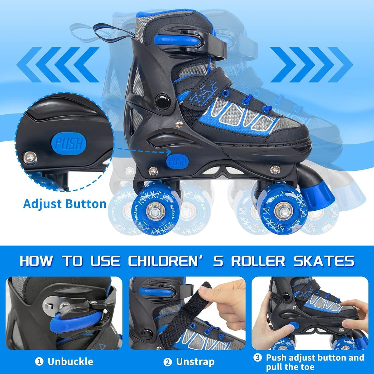 Nattork Roller Skates for Kids Boys Girls, 4 Size Adjustable Rollerskates with Light Up Wheels for Children Beginners for Outdoor Indoor