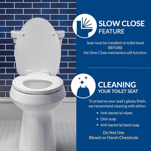 Mayfair Linden Slow Close Toilet Seat, Non Slip Heavy Duty Wood, Easy Install, Elongated, White