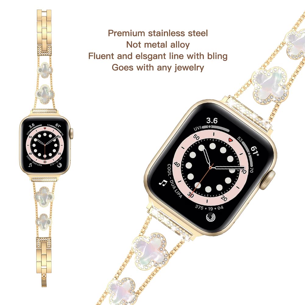 Musk-MSKR Diamond Metal Bands Add Sparkle to Your Watch For Apple Watch Series 11/10/9/8/7/6/5/4/3/2/SE/Ultra Clover Simple and Stylish Compatible with 38mm40mm41mm42mm44mm45mm 46mm49mm Women's Wear
