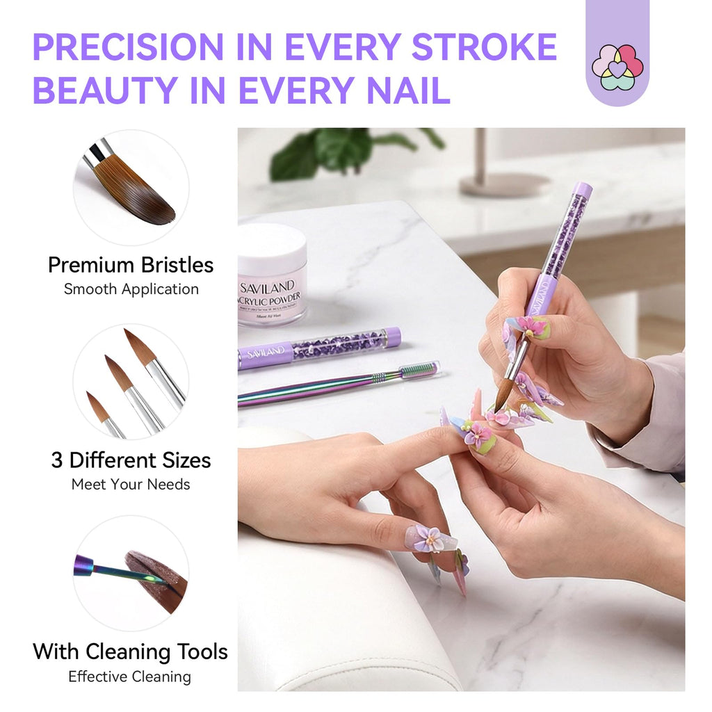SAVILAND Kolinsky Acrylic Nail Brush Size 6,10,14 with Brush Cleaner Purple | Professional Nail Brushes, Cleaner Manicure Tool, Acrylic Brush Acrylic Powder, Nails Extension 3D Carving for Nail Art DIY
