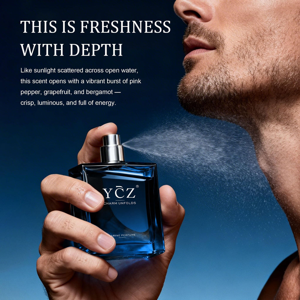 Ycz Midnight Marine Eau de Parfum for Men, 1.7 Fl Oz | Long-Lasting Fresh Marine Woody Fragrance with Grapefruit, Ginger, and Cedar Notes for Daily Wear, Date Nights, and Gifts.