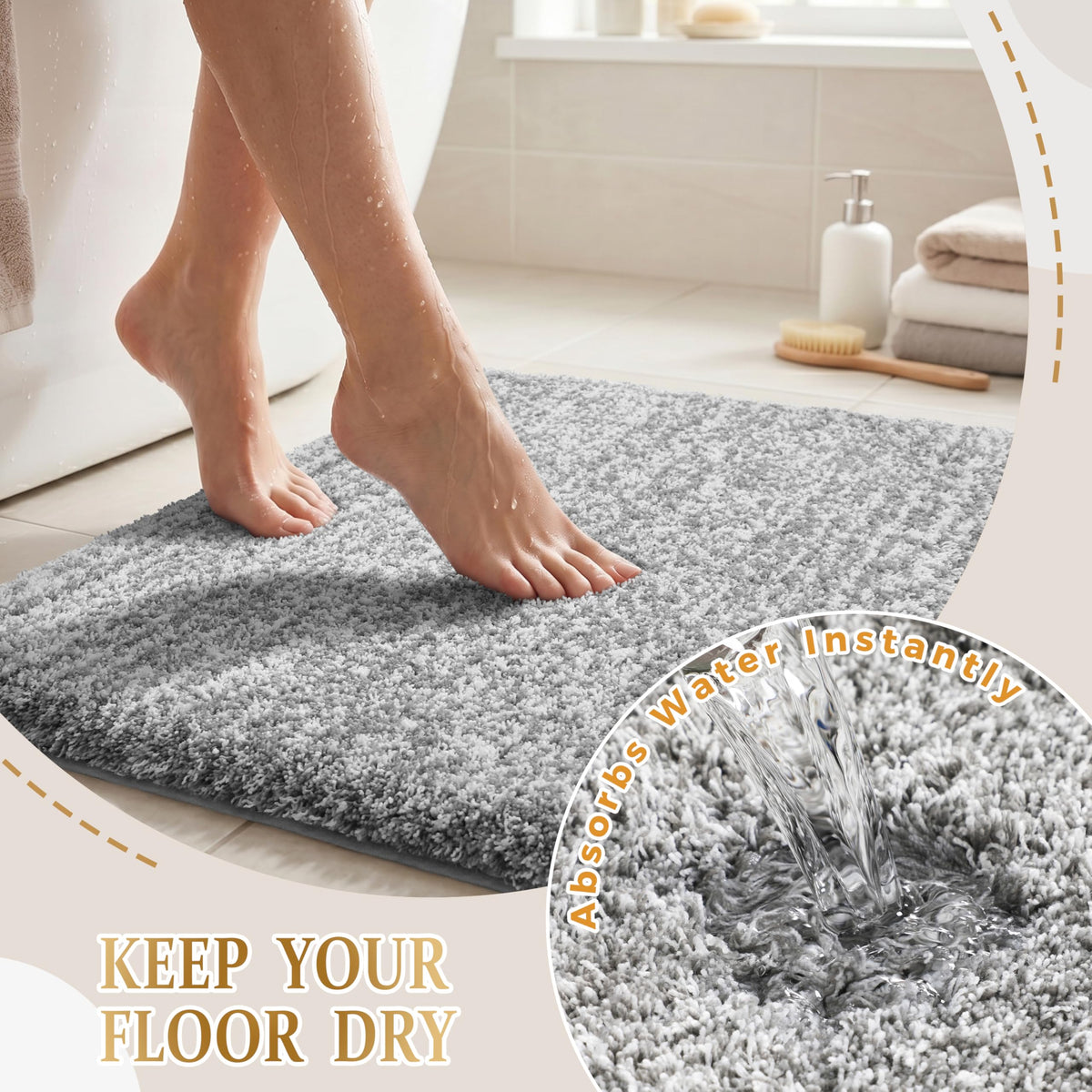 Yimobra Bathroom Rugs Non Slip Washable, Ultra Soft and Water Absorbent Bath Mats, Fluffy Shower Mat Outside, Plush Matts for Bathroom Floor/Sink, 24X17, Home Decor Accessories, Light Gray and White