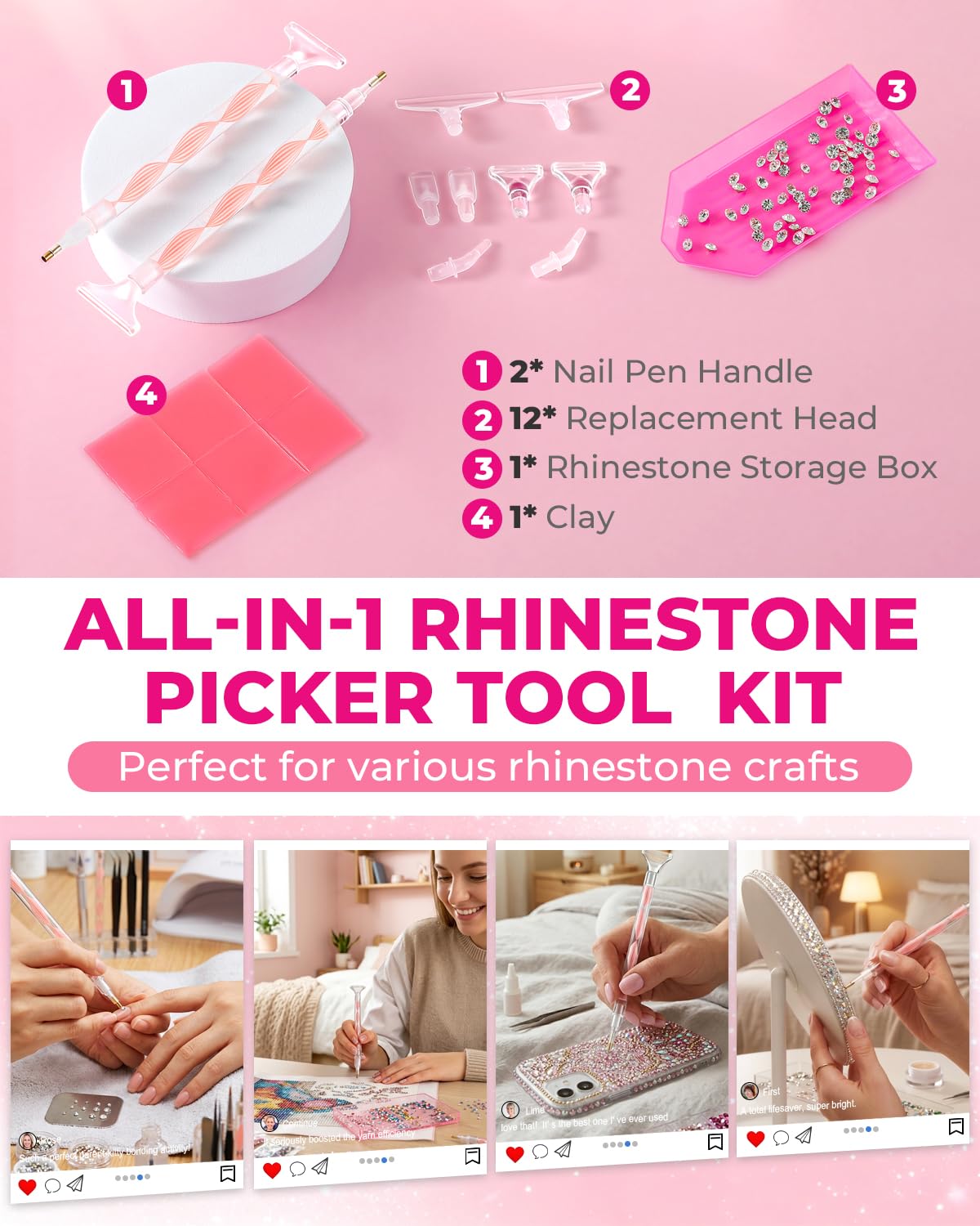 Rhinestone Picker Tool Kit: 2Pcs Rhinestone Picker Handle, Dual-Ended Rhinestones Applicator Dotting Pen with 12 Upgraded Plastic Replacement Tips, Clay, Bedazzling Tools for Nail Art Craft (Pink)