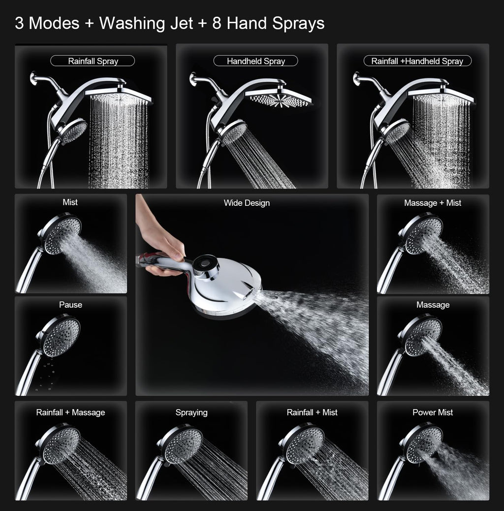 Rain Shower Head with Handheld Showerhead, Chrome 1.8GPM 460311 | 12" High Pressure Rainfall Shower Heads, 9 Sprays Handheld Showerheads, Magnetic Docking, Power Jets, 59" Shower Hose