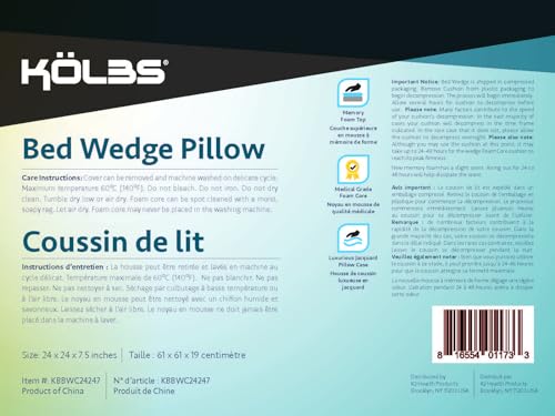 Kolbs Bed Wedge Pillow for Sleep Apnea, FSA Eligible Acid Reflux, and Back Pain Relief, with Chic Jacquard Cover - Headboard Wedges for Sleeping (Standard Width 7.5" Height)