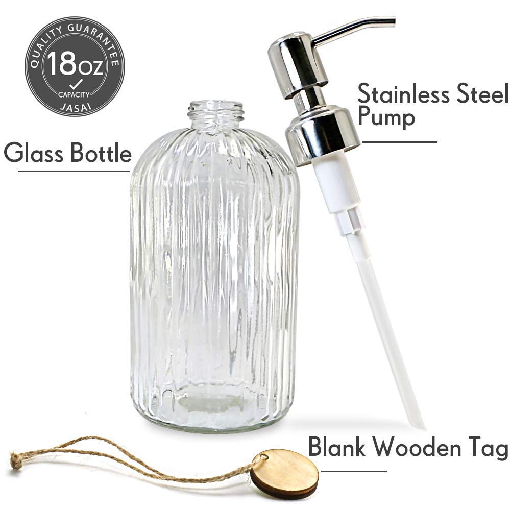 JASAI 18 Oz Clear Glass Soap Dispenser with Rust Proof Stainless Steel Pump | Refillable Liquid Hand soap Dispenser for Bathroom, Premium Kitchen Soap Dispenser (Clear).