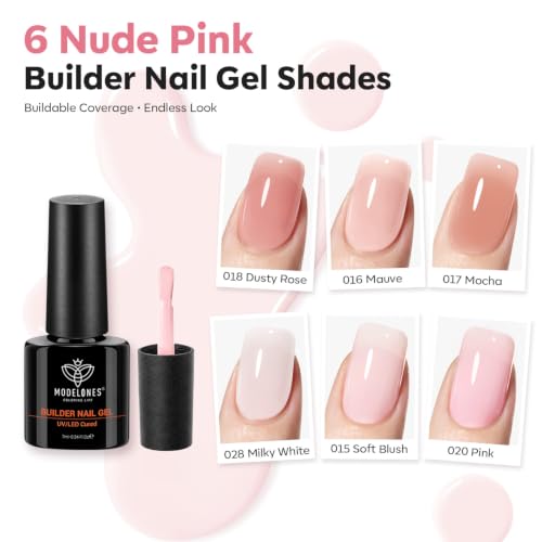 modelones Builder Nail Gel, Builder for Nails Jelly Nude Pink 6 Colors | Fall Hard Strengthener Rubber Base Gel Polish 8-in-One Extension LED Nail Lamp Cured