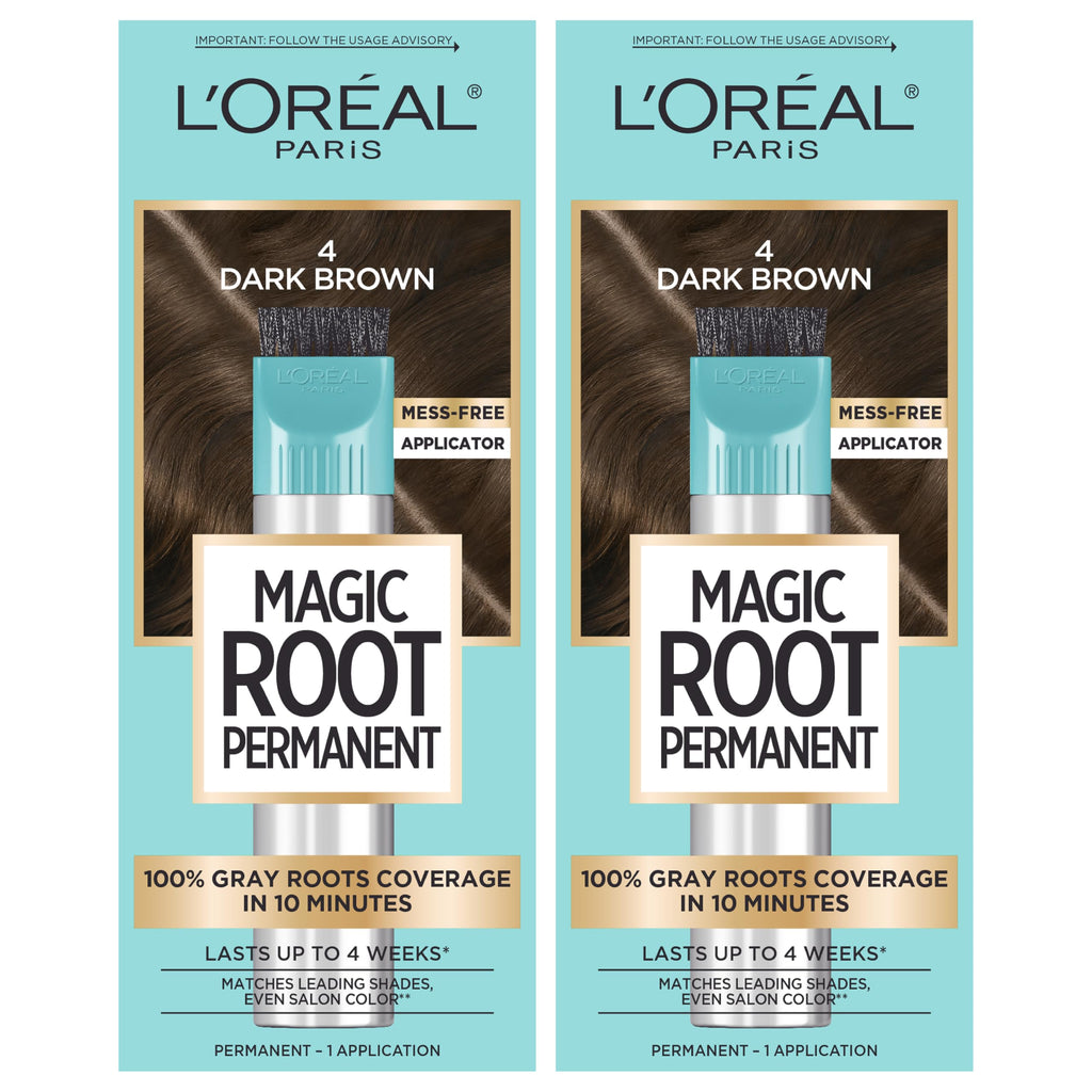 L'Oreal Paris Magic Root Permanent Hair Color Kit, 100% Gray Hair Coverage In Just 10 Minutes, Precision Brush Applicator for Seamless Application, 4 Dark Brown (2 Count)