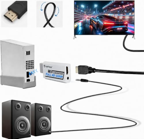 PORTHOLIC Wii to HDMI Converter 1080P for Full HD Device, Wii HDMI Adapter with 3,5mm Audio Jack&HDMI Output Compatible with Wii, Wii U, HDTV, Monitor-Supports All Wii Display Modes 720P, NTS