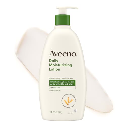 Aveeno Daily Moisturizing Body Lotion, Fragrance-Free, 18 fl. oz | Daily Moisturizing Body Lotion for Normal to Dry Skin, Soothing Prebiotic Oat, Non-Greasy Formula, Non-Comedogenic