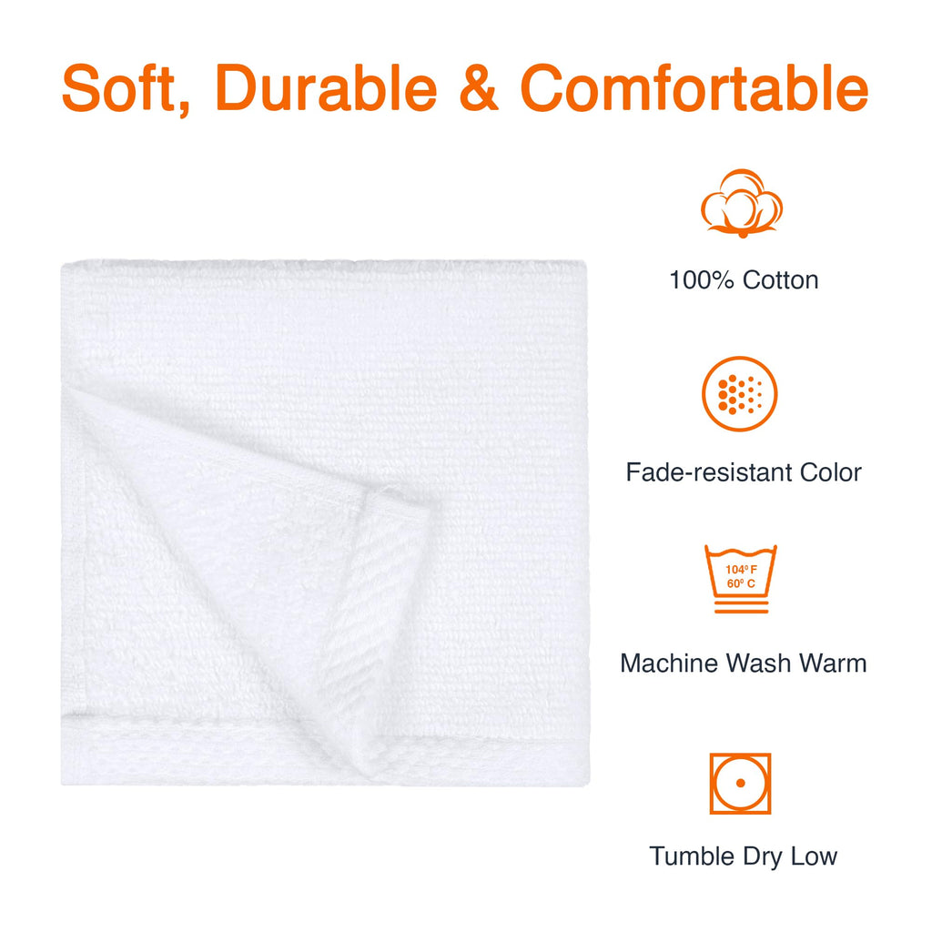 Amazon Basics Cotton Washcloths, Lightweight Quick-Dry, Absorbent Face and Body Towel Set, 12" x 12", White, 12-Pack