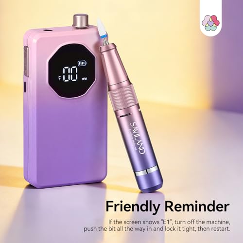 SAVILAND Nail Drill Professional 40000RPM 30S Fast Removal for Acrylic Nail | Low noise running, 4000mAh battery Long-Lasting, Complete drill bit set, Salon&mobile tech use, LCD display, Gradient Purple