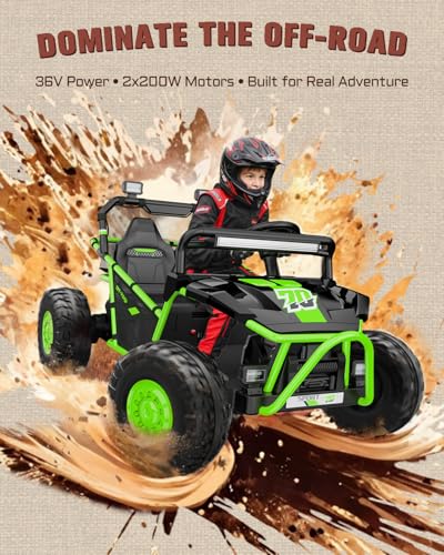 First Ride On 36V Kids Ride On UTV, 2-Seater 400W Electric Car for Kids 6+, 5-8 MPH Speed, 14" EVA Wheels, Metal Frame, Bluetooth Music, Rear Metal Suspension Off-Road Vehicle (Green)