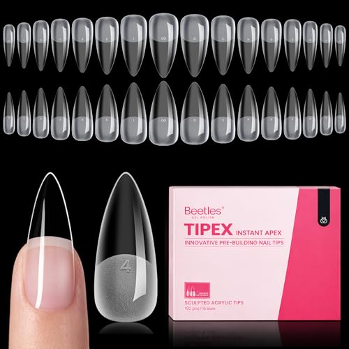 Beetles Tipex Instant Apex Nail Tips, Medium Stiletto 192pcs 16 Sizes 00-14 | No Builder Gel Needed, Etched-free Thicker Strong Acrylic Nails for DIY Salon-look Fake Nail Extensions