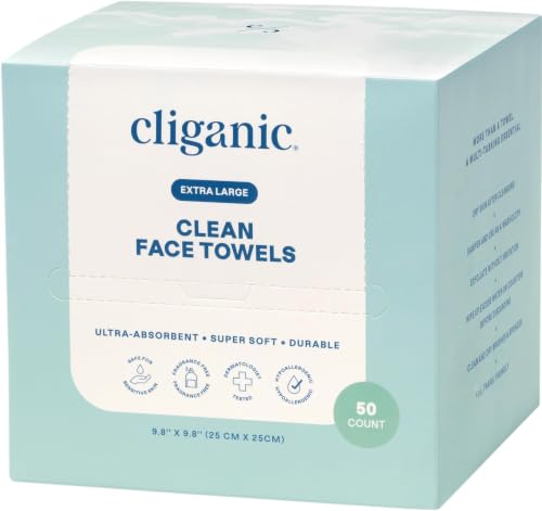 Cliganic Face Towels XL, Disposable Makeup Remover, Soft Dry Wipes, 50 ct | Ultra-Absorbent, Gentle Facial Cloths for All Skin Types, Hypoallergenic, Lint-Free Cleansing, Pamper Your Face, Feel Fresh