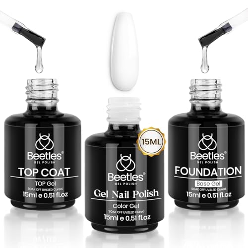 Beetles 3Pcs 15 ml White Gel Nail Polish with Gel Base and Top Coat Set | Soak-Off UV Lamp, Glossy Long-Lasting French Manicure Art Design Kit