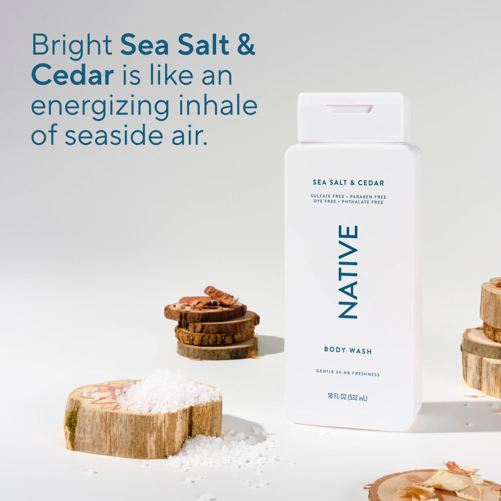 Native Clean Body Wash for Women & Men, Sea Salt & Cedar Scent, 18 fl oz | Gentle & pH Balanced for Sensitive Skin | 24HR Freshness | Free of Sulfates, Parabens, Phthalates | Vegan & Cruelty-Free