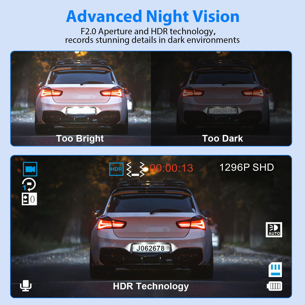 Dash Cam Front and Rear, 1296P Dash Camera for Cars, 3 Channel Car Camera Front Rear and Inside with 32GB Card, Loop Recording, Night Vision, HDR, 24Hr Parking, G-Sensor