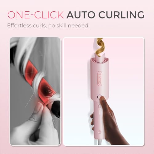 TYMO Automatic Rotating Curling Iron, TYMO CURLPRO Beach Waves Hair Curler | 500 Million Ionic Curling Wand, Dual Voltage, Portable Lightweight for Travel, Ceramic Coating, 1 Inch, Pink