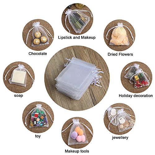 Hopttreely 100PCS Premium Sheer Organza Bags, White Wedding Favor Bags with Drawstring, 4x4.72 Jewelry Gift Bags for Party, Jewelry, Christmas, Mother's Day, Festival, Bathroom Soaps, Makeup Organza Favor Bags