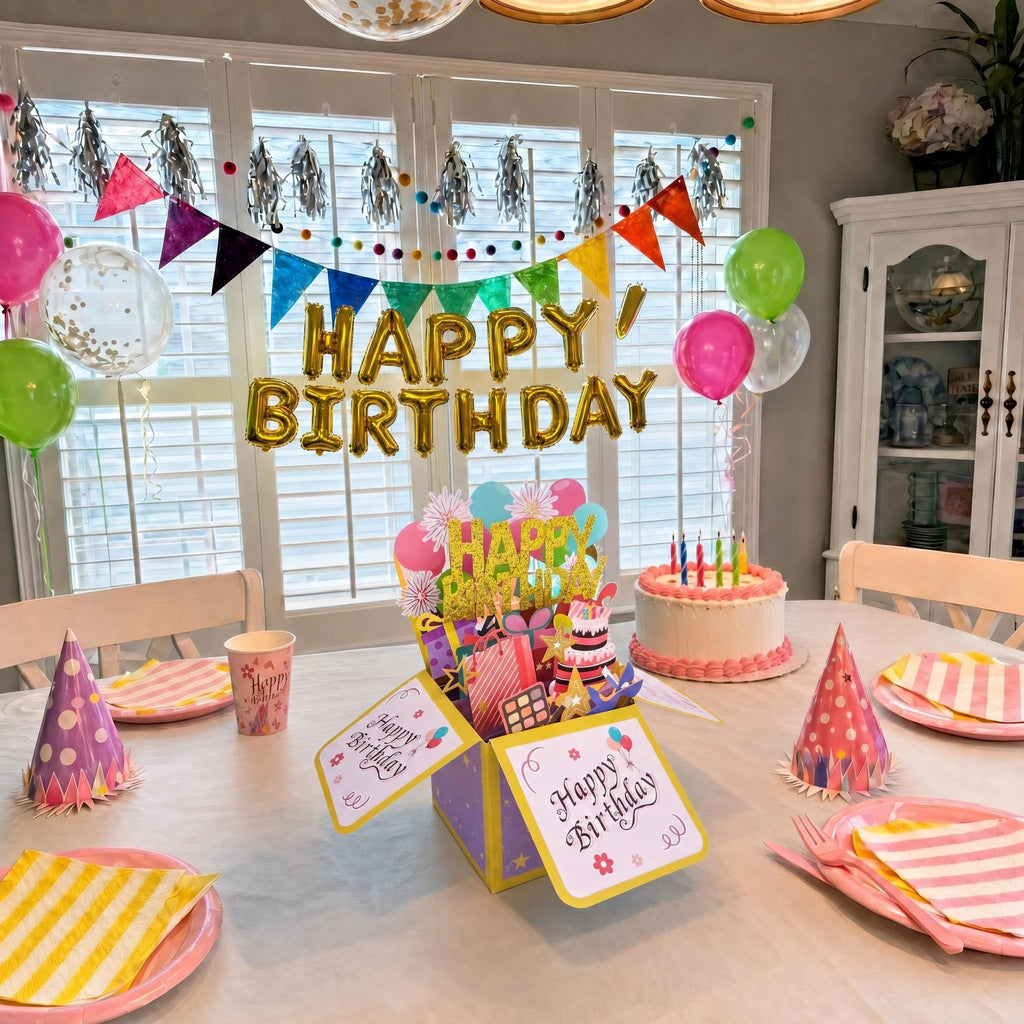 ROBBEAR Funny Happy Birthday Pop Up Card, Sweet 3D Birthday Gift Box for Adults and Kids with Envelopes, Unique Handmade Foldable Celebration Cards for Daughter, Son, Mom, Dad, Friend
