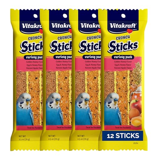 Vitakraft Crunch Sticks Parakeet Treat - Triple-Baked Millet Parakeet Treats with Natural Wood Center - Crunchy & Nutritious Bird Treat Sticks for Small Animals (12 Count, Honey, Egg, and Apple)