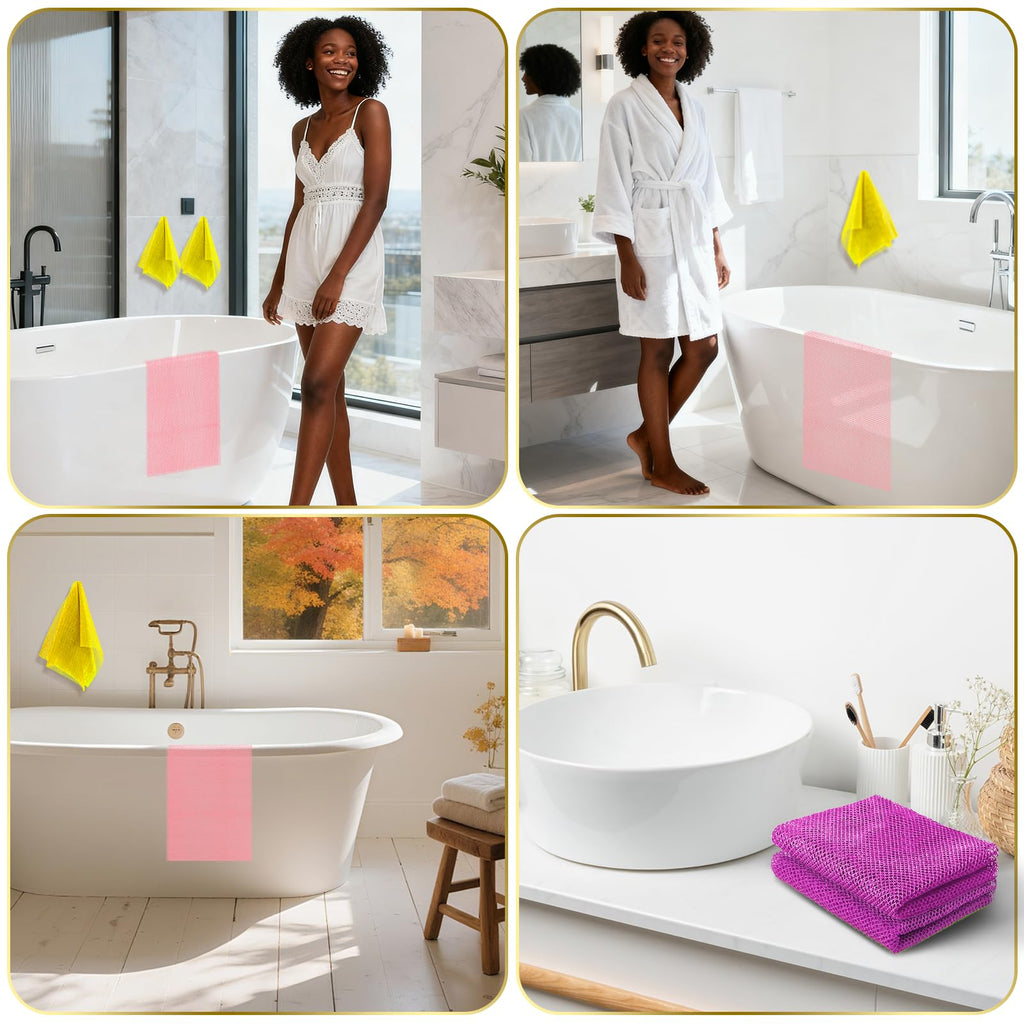 UJFQBH 3 Pack African Net Sponge, African Exfoliating Net Bath Sponge Long Net Bath Sponge Exfoliating Shower Body Scrubber Back Scrubber Skin Smoother,Great for Daily Use (Pink,Yellow,Purple)