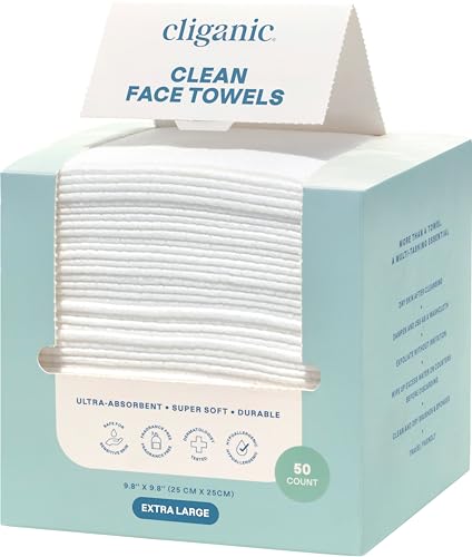 Cliganic Face Towels XL, Disposable Makeup Remover, Soft Dry Wipes, 50 ct | Ultra-Absorbent, Gentle Facial Cloths for All Skin Types, Hypoallergenic, Lint-Free Cleansing, Pamper Your Face, Feel Fresh