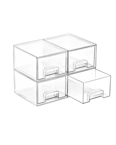 Vtopmart 4 Pack Small Clear Stackable Storage Drawers, Fits Narrow Spaces | Multi-Use Plastic Bins for Bathroom Cabinet Organizer, Makeup, Desk, Vanity, Undersink, Medicine ,Keeps Small Items Organized