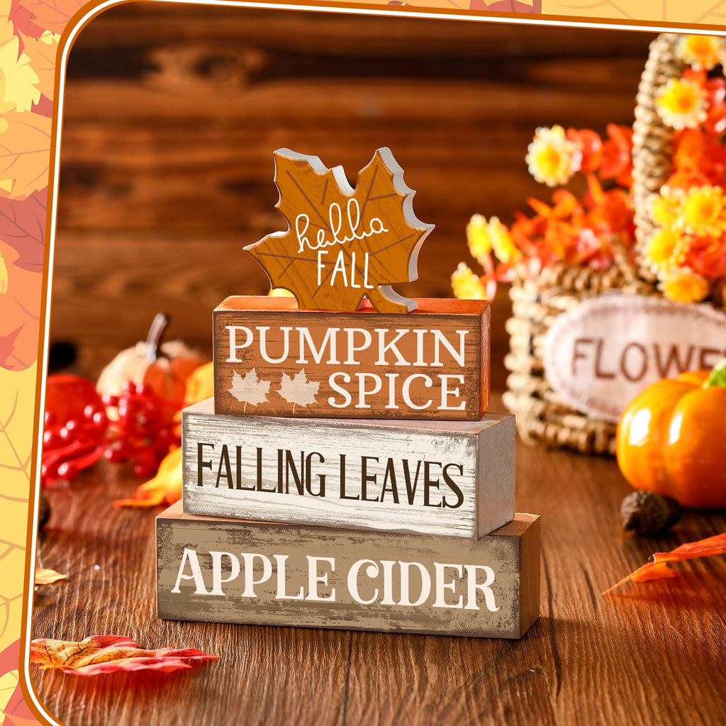Moucuny 4 Pcs Fall Decor Wooden Maple Leaf Decoration Thanksgiving Decor | Rustic Stackable Blocks with Apple Cider Leaves Sayings,Thanksgiving Table Centerpiece, Farmhouse for Autumn Harvest Party