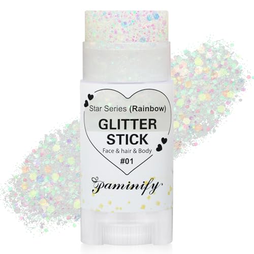 Paminify Rainbow White Hair Glitter Stick for Kids,Halloween Mermaid Costume Body Face Glitter, Singer Concert Cosplay Glitter Makeup,Waterproof Sequins Rave Outfit for Women,Mardi Gras Accessories