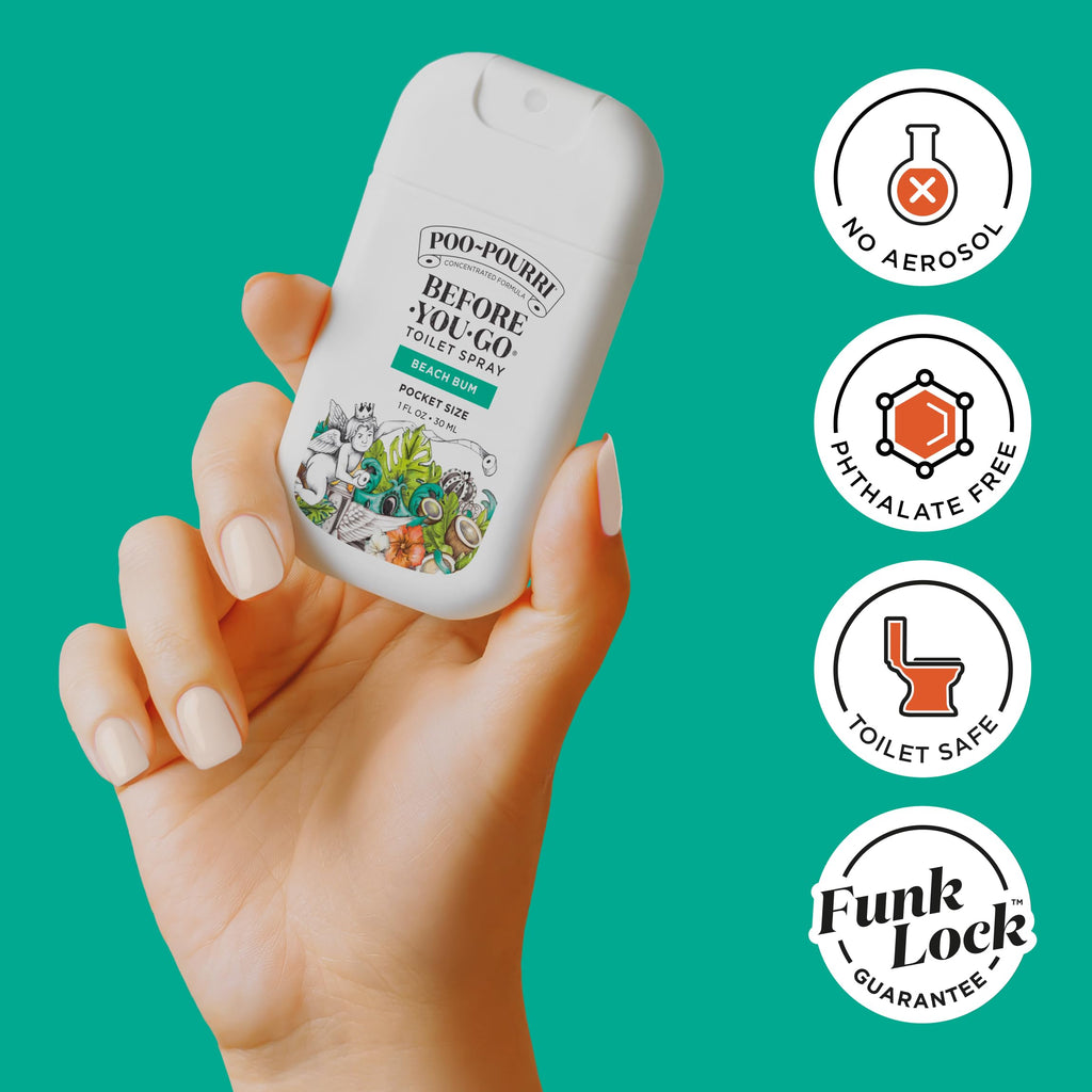 Poo-Pourri Before-You-Go Pocket Toilet Spray, Beach Bum, 1 Fl Oz | Travel Essentials On-The-Go Bathroom Odor Deodorizer with Essential Oils, Up to 50 Uses, TSA Approved, Coconut Orchid Scent