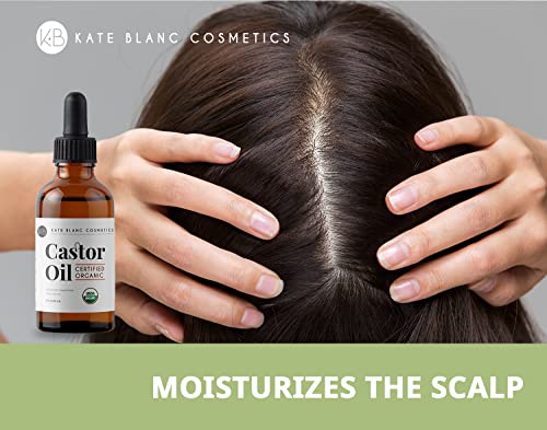 Kate Blanc Cosmetics Castor Oil Organic for Hair, Lashes, Face, Skin (2oz) | 100% Pure, Cold Pressed, Hexane Free Hair Oil in Glass Bottle. Lash Serum for Thicker-Looking Eyelashes & Eyebrows