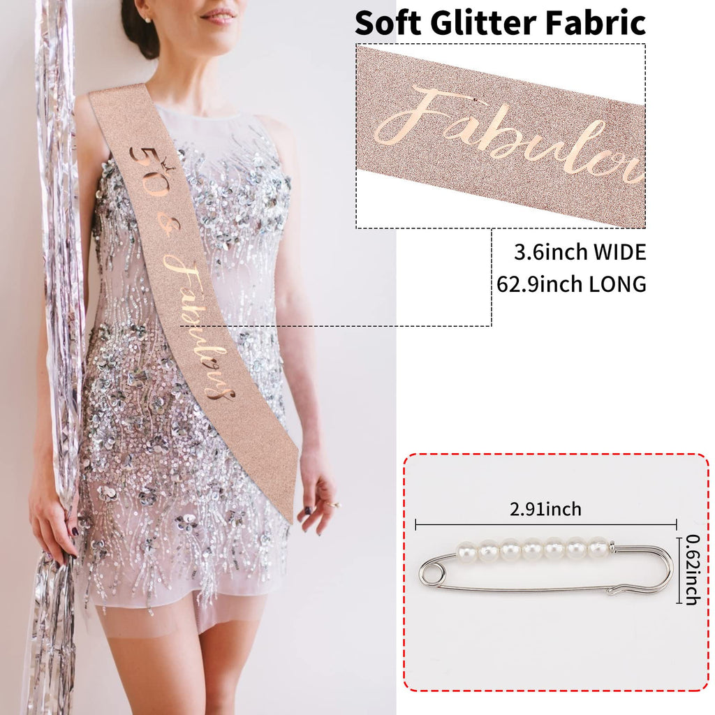 CIEHER 50th Birthday Crown & Sash Pearl Pin, 50th Birthday Decorations | 50 & Fabulous Sash 50th Birthday Crown for 50th Birthday Gifts for Women Friends