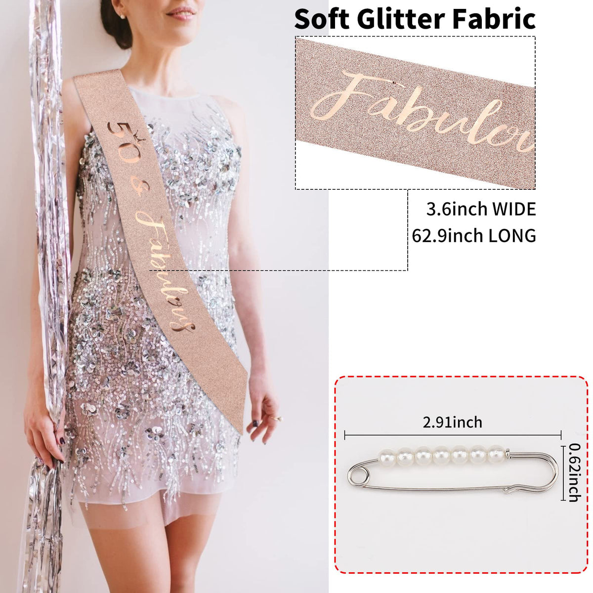CIEHER 50th Birthday Crown & Sash Pearl Pin, 50th Birthday Decorations | 50 & Fabulous Sash 50th Birthday Crown for 50th Birthday Gifts for Women Friends