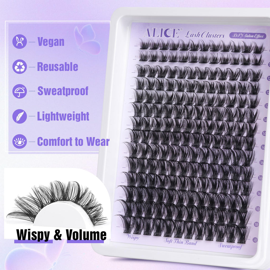 ALICE Lash Clusters Wispy Eyelash Clusters 10-18mm 168pcs Cluster Eyelash Extensions Natural Volume Lash Extensions DIY Individual Lashes with Soft Thin Band