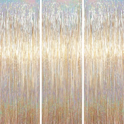 Voircoloria Champagne Foil Fringe Backdrop Curtains, 3.3x6.6ft, 3pcs | Tinsel Streamers, Birthday Party Decorations, Baby Shower, Gender Reveal, Graduation