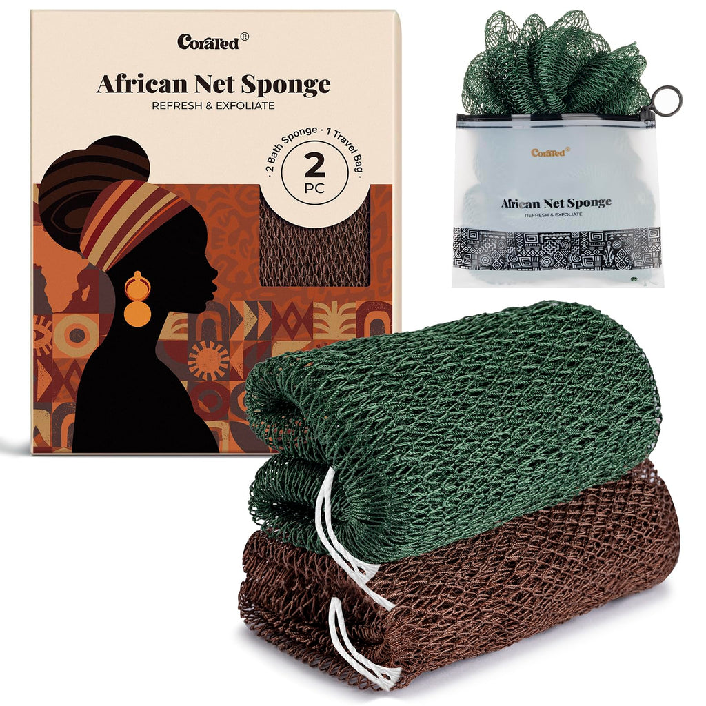 CORATED African Net Sponge Authentic, Shower Loofah Exfoliating Bath Sponge | Body Scrubber for Women and Men Daily Use Body Care, Travel Portable Bath Accessories Spa Gifts