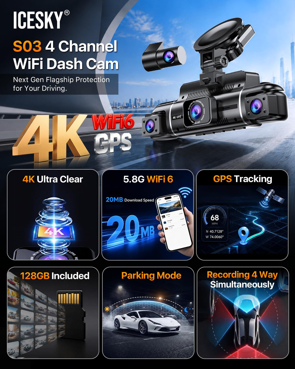 Icesky 4K Dash Cam Front and Rear Left Right with GPS, 20MB/s WiFi 6 | Include 128GB SD Card, G-Sensor, 5.8GHz WiFi6, Parking Mode, 8 IR Lights, 4K Front 1080P Rear/Left/Right, 360° 4 Channel