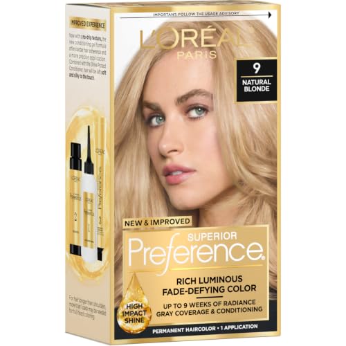 L'Oreal Paris Superior Preference Luminous Fade-Defying Permanent Hair Color, Hair Dye For Up to 9 Weeks of Radiance, Natural Blonde 9, 1 Hair Dye Kit