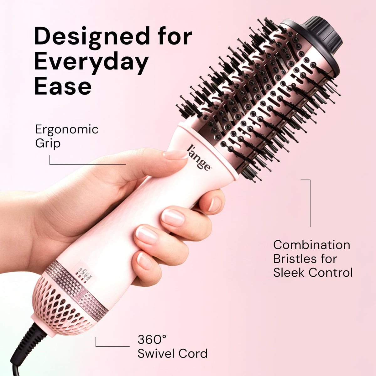 L'ANGE HAIR Le Volume 2-in-1 Titanium Blow Dryer Brush | Frizz Control Blowout Hair Dryer Brush for Drying and Styling | Volumizing Hot Air Styler for All Hairstyles | Oval Barrel | Blush - 60mm