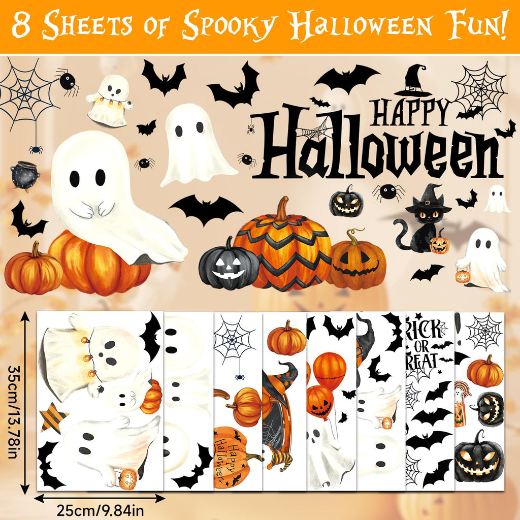 Halloween Window Clings Stickers Decor Fall Halloween Decorations Indoor | 8 Sheets Large Ghost Pumpkin Window Clings for Glass Windows & Doors, Holiday Window Decals for Home Office Classroom Parties