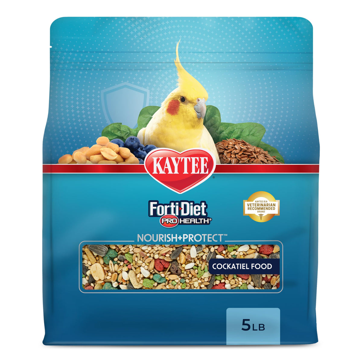 Kaytee Forti-Diet Pro Health Nourish+Protect Cockatiel Food, 5 lb | Digestive support daily. Parrot food for cockatiels. Prebiotics, probiotics, bird feed