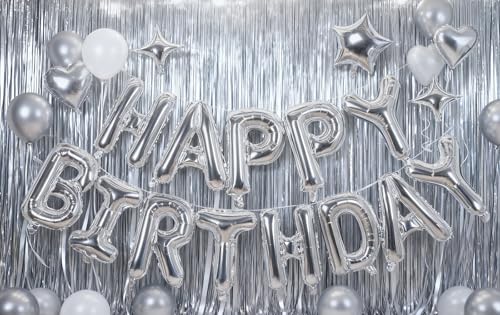 Silver Happy Birthday Balloons Banner Sign Mylar letter Party Decoration | Include Aluminum Foil Four、Five Pointed Star Suitable for Kids, Men, Women, Boys and Girls, Properly Stored and Reusable.