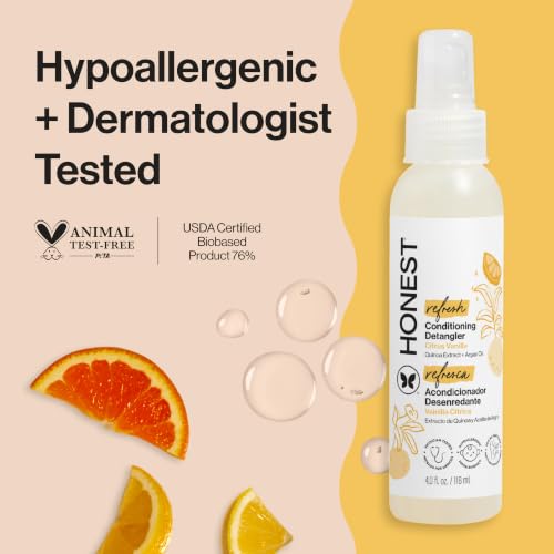 The Honest Company Hair Detangler, Citrus Vanilla Refresh, 4 fl oz | Leave-In Conditioner & Detangler Spray, 4 Fl Oz. Tear-Free, Hypoallergenic. Gentle For Baby's Sensitive Skin.