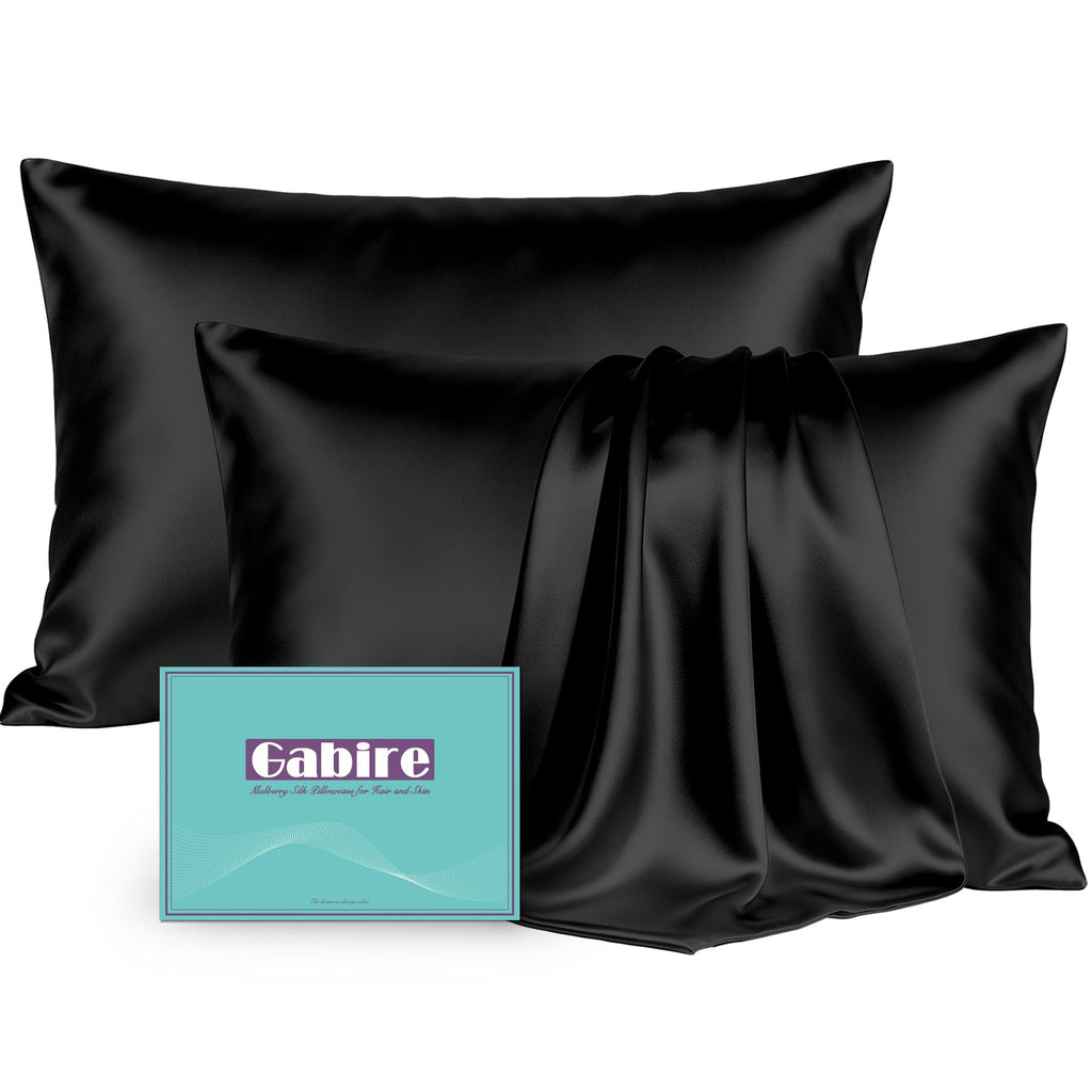 Gabire Mulberry Silk Pillow Cases Set of 2, Both Sides Real Silk Pillowcase for Hair and Skin Prevent Acne Pillowcase Organic Silk Pillowcase 2 Pack with Hidden Zipper, Black, Standard (20"×26")