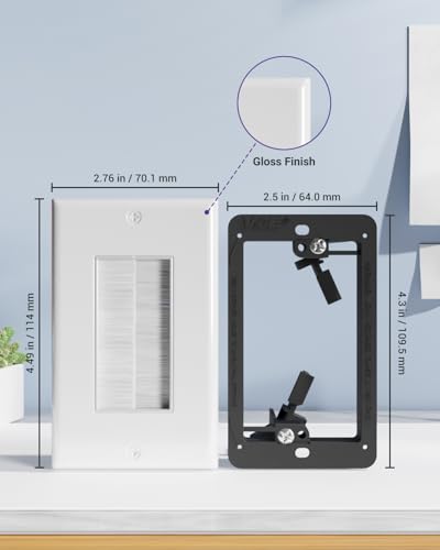 VCE Brush Wall Plate Cable Pass Through with Bracket, White, 2-Pack