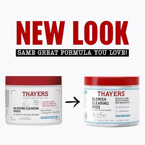 THAYERS Blemish Clearing Acne Pads, Salicylic Acid Acne Treatment, 60 Ct | Pore Reducing, Exfoliating, and Soothing Skincare, Witch Hazel Toner Pads, Help Prevent New Breakouts, Alcohol & Paraben Free