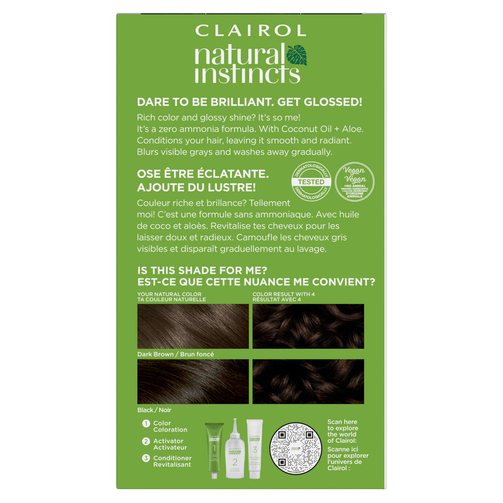 Clairol Natural Instincts Demi-Permanent Hair Dye, 4 Dark Brown | 1 Pack | Ammonia‑Free, Vegan Hair Color with Coconut Oil & Aloe Vera